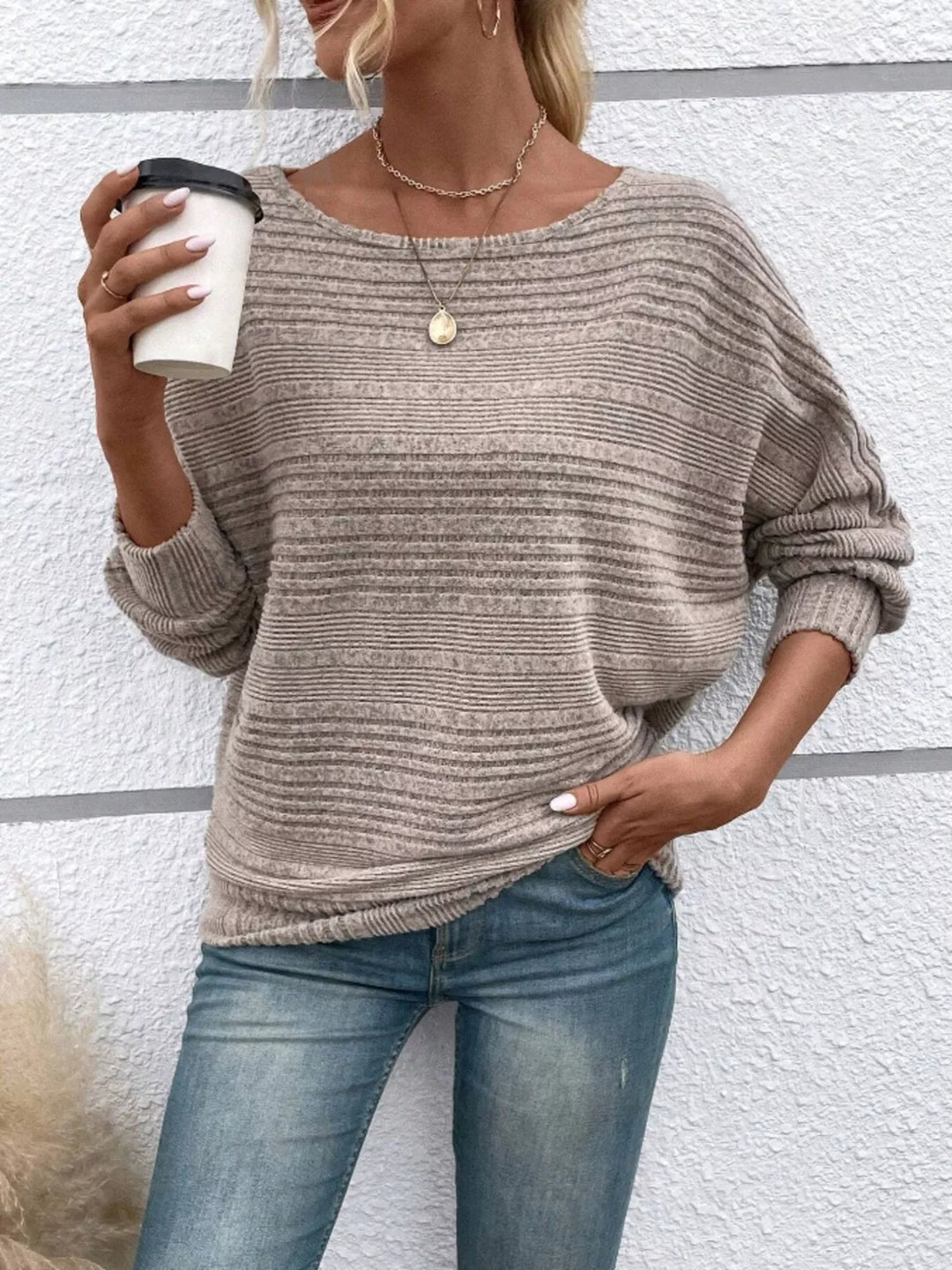 Ribbed knit long sleeve top with dolman sleeves