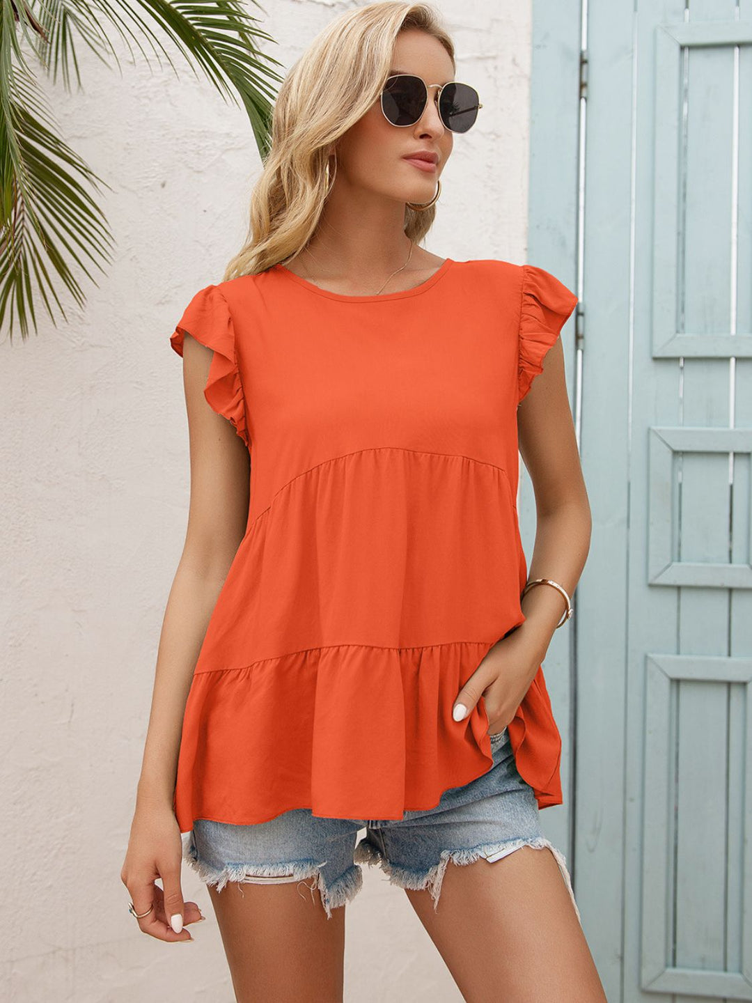 Orange-Red Flutter sleeve tiered babydoll blouse with round neck