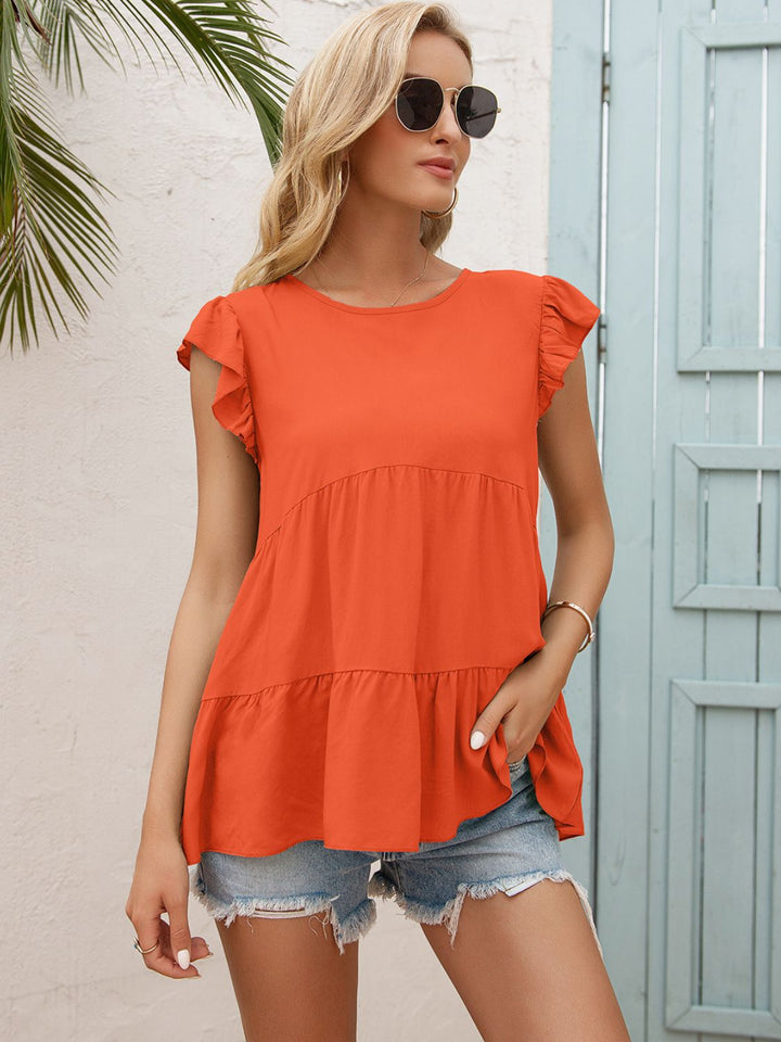 Orange-Red Flutter sleeve tiered babydoll blouse with round neck