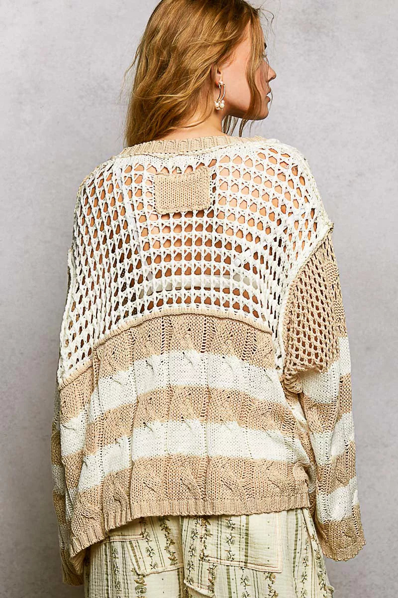 Openwork color-block stripe V-neck knit sweater