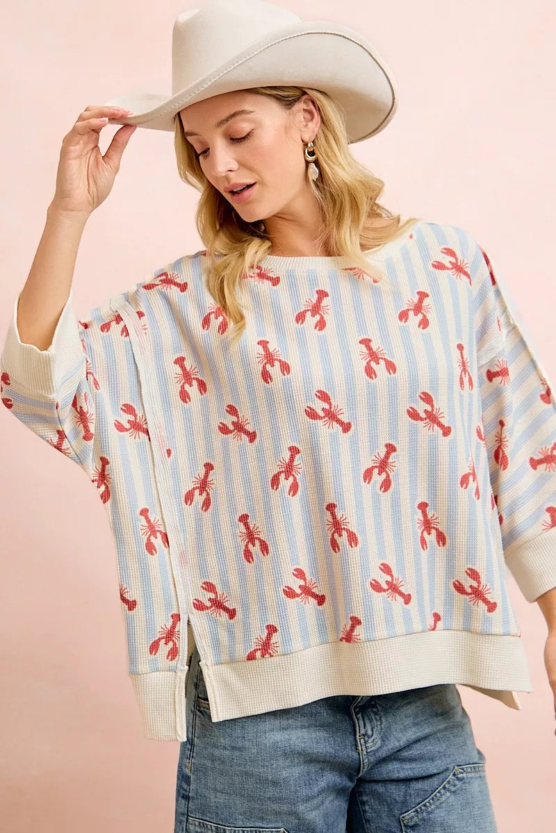 Striped lobster print waffle knit boat neck top