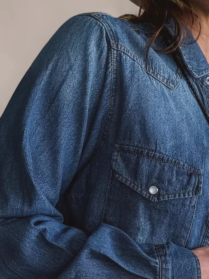 Washed western denim shirt with pearl snap buttons