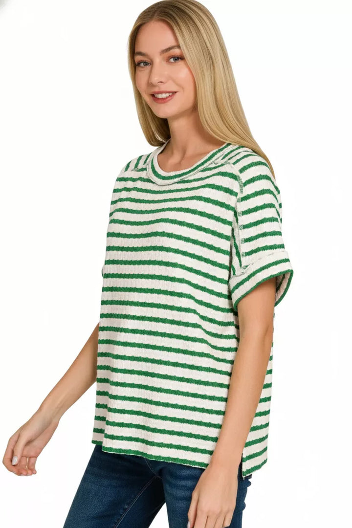 Textured stripe jacquard round-neck tee with rolled cuffs