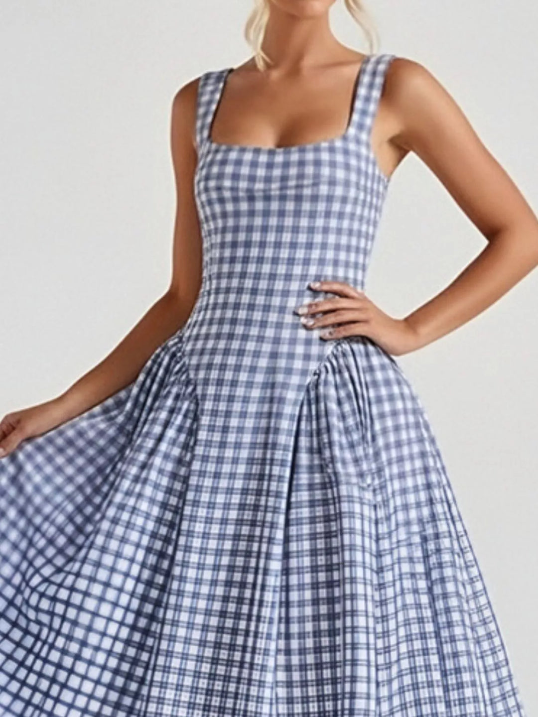 Plaid square-neck sleeveless fit-and-flare midi dress