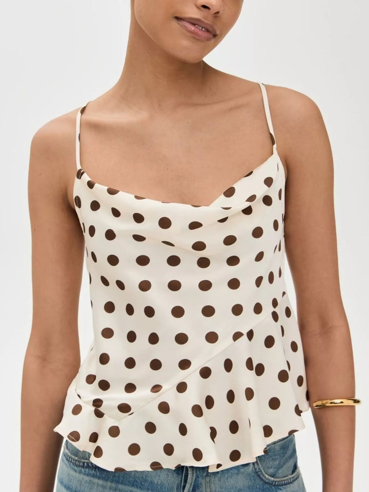 Polka dot satin cowl neck cami with crisscross back tie