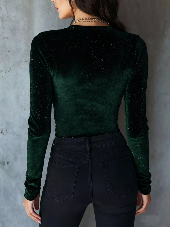 Glitter velvet ruched sweetheart-neck long sleeve top