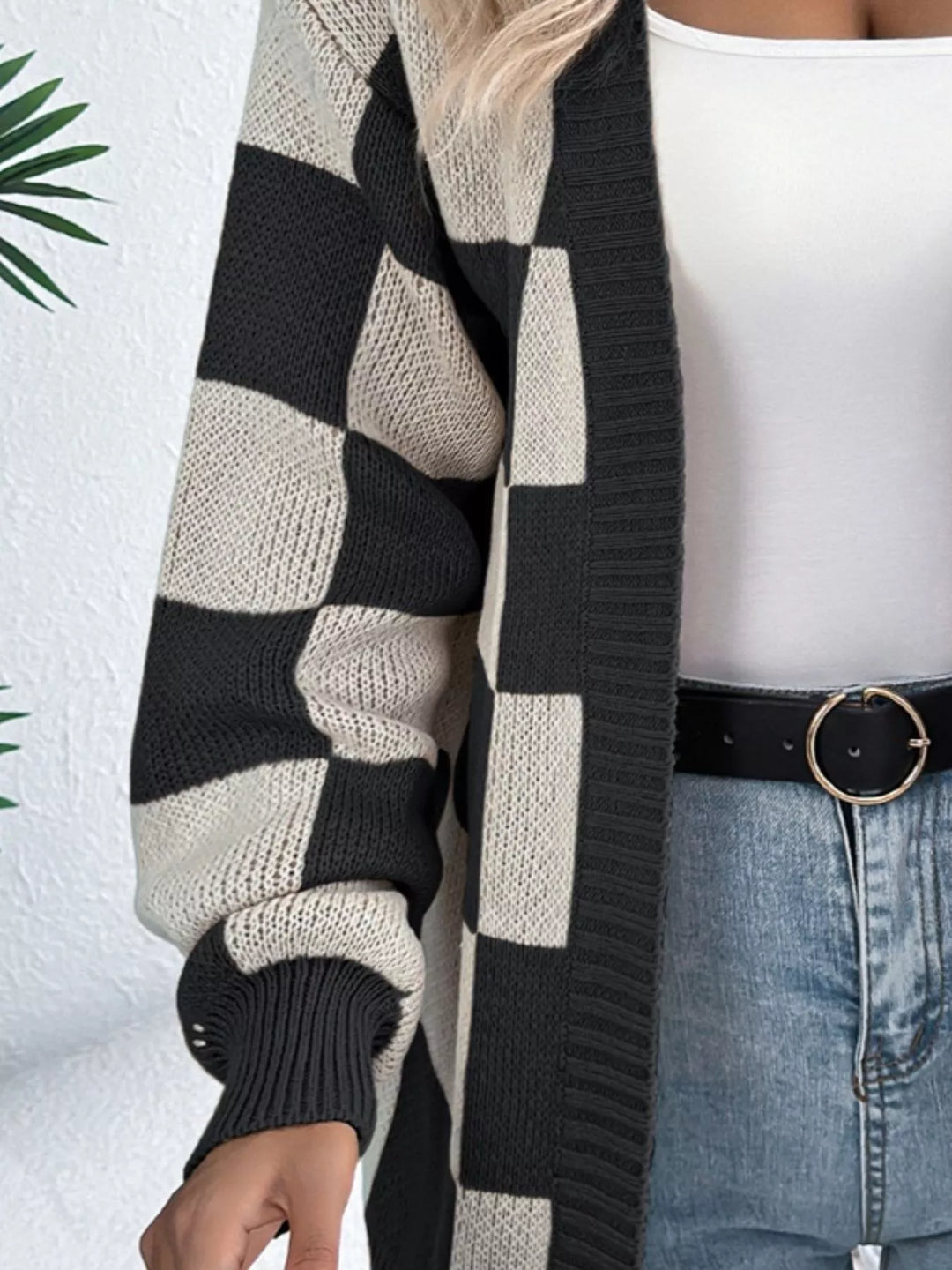 Checkerboard open front knit cardigan with ribbed trim