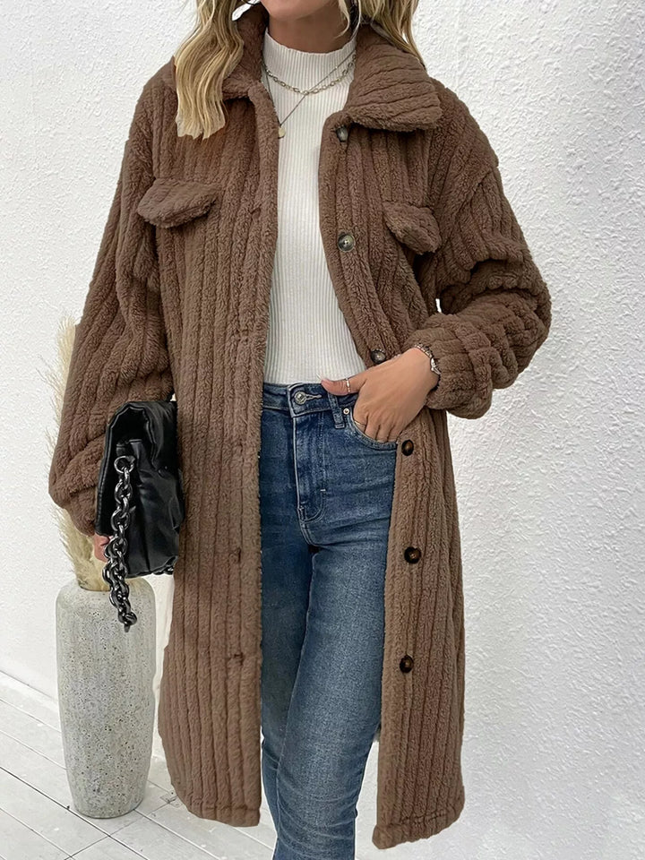 Coffee Ribbed fleece longline button-down coat with flap pockets