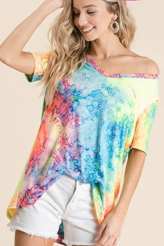 MULTI Tie dye jersey V-neck top with relaxed drop shoulders