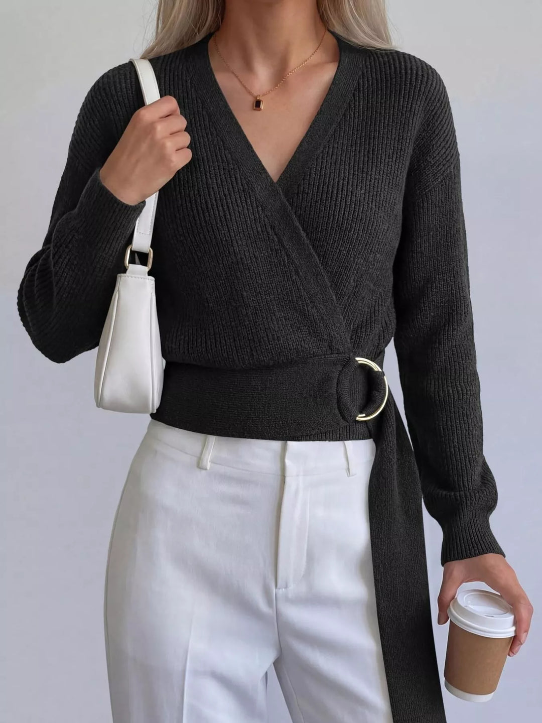 Ribbed knit wrap sweater with gold O-ring belt tie
