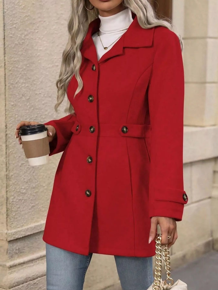 Notched lapel button-up coat with waist tabs