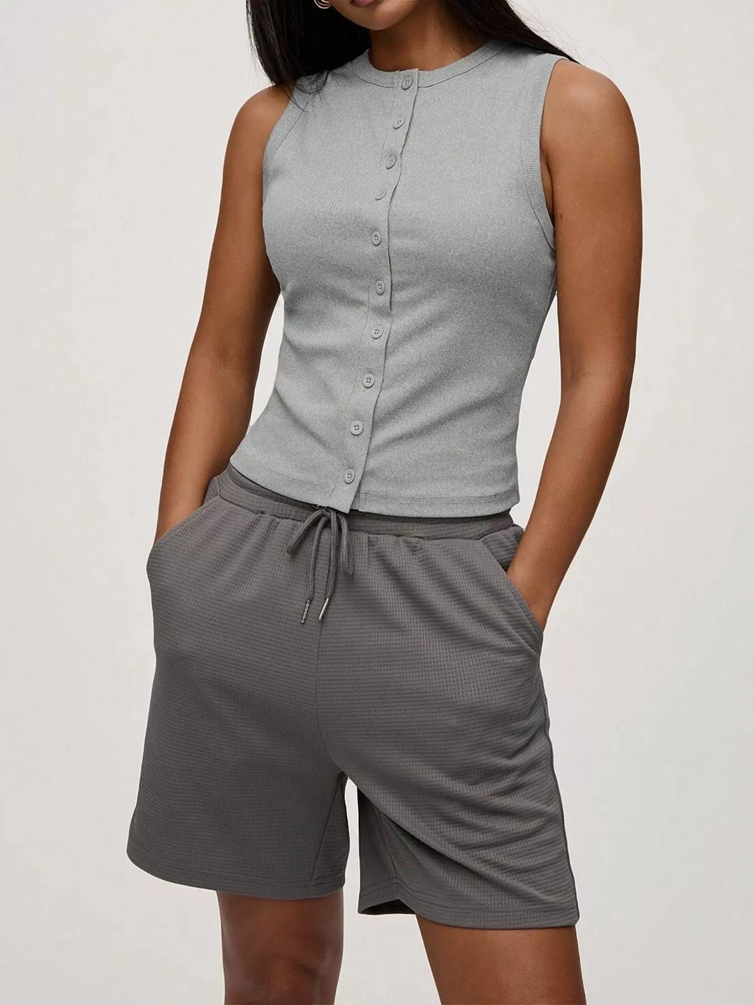 Light Gray Ribbed mock-neck button-front sleeveless tank