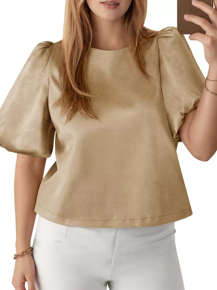 Apricot Short puff sleeve satin top with round neck