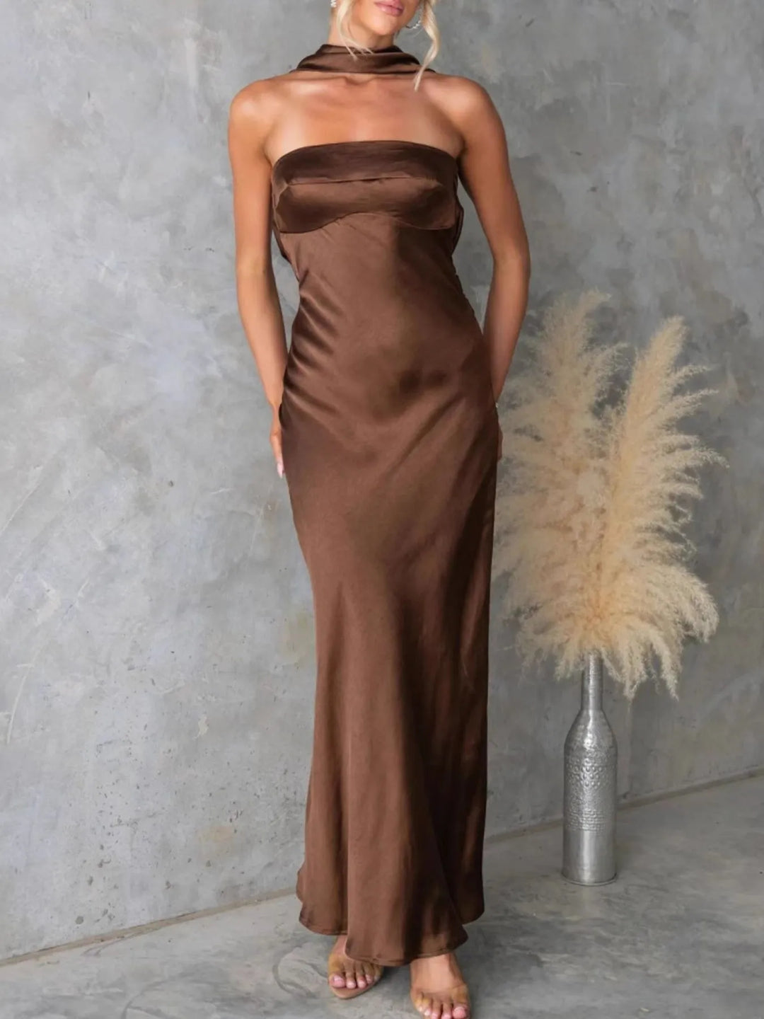 Strapless satin maxi dress with neck scarf tie