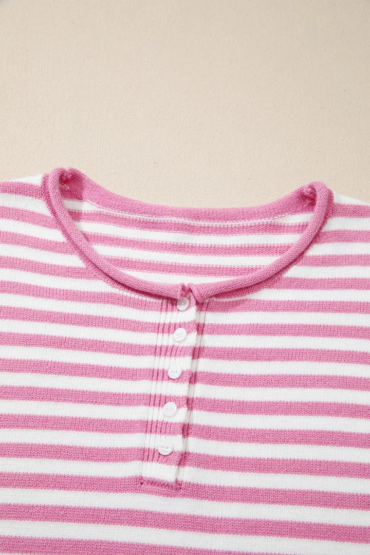 Striped drop shoulder henley sweater with button placket
