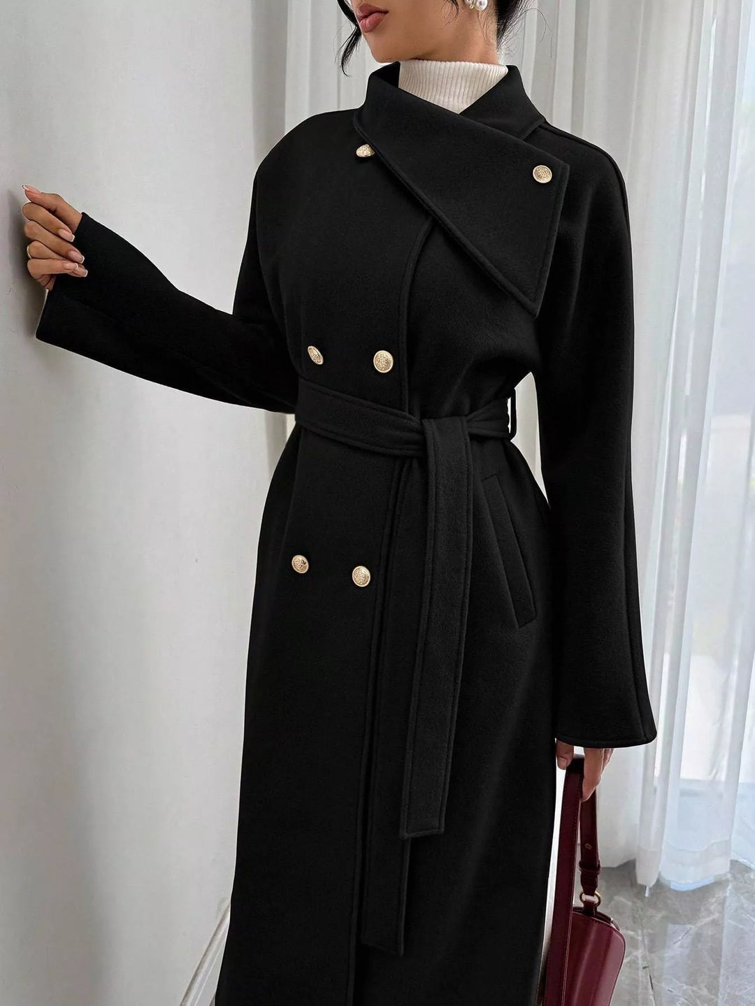 Double-breasted belted longline coat with stand collar