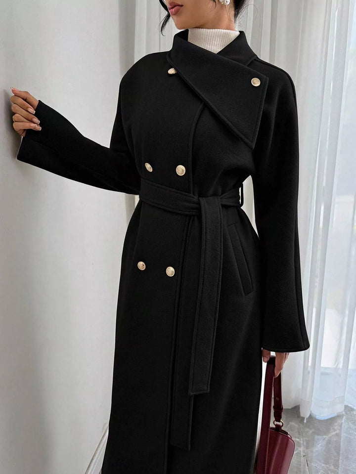 Double-breasted belted longline coat with stand collar