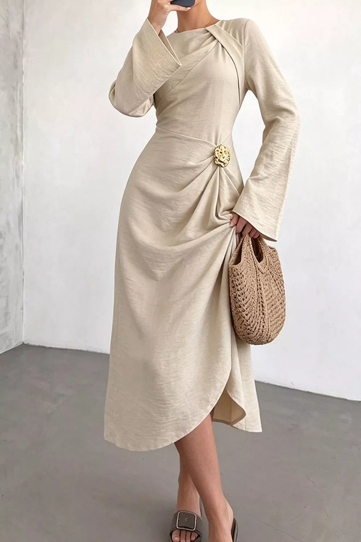 Ruched waist midi dress with rosette and long sleeves