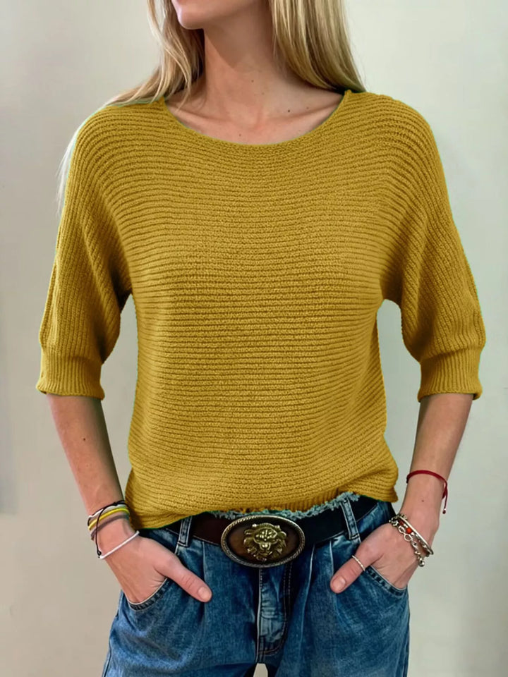 Yellow Ribbed knit round neck sweater with dolman sleeves