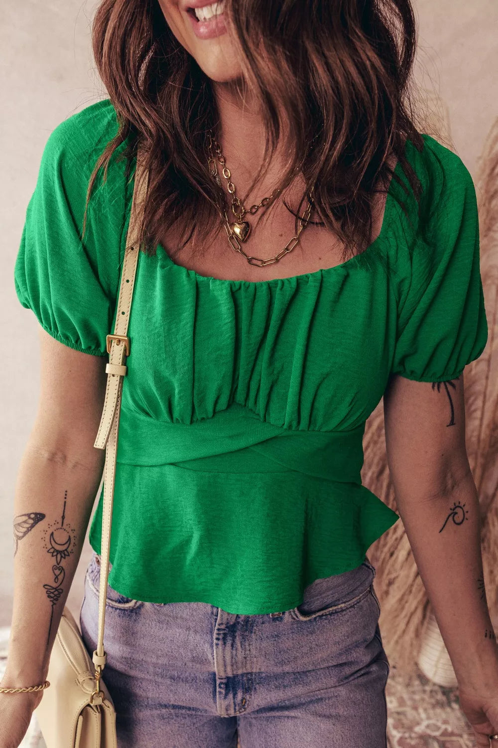 Ruched square-neck peplum top with crossed waist and tied back