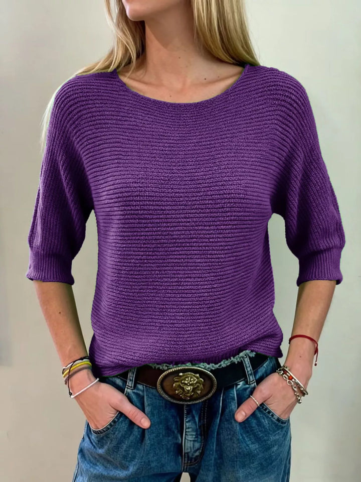 Purple Ribbed knit round neck sweater with dolman sleeves