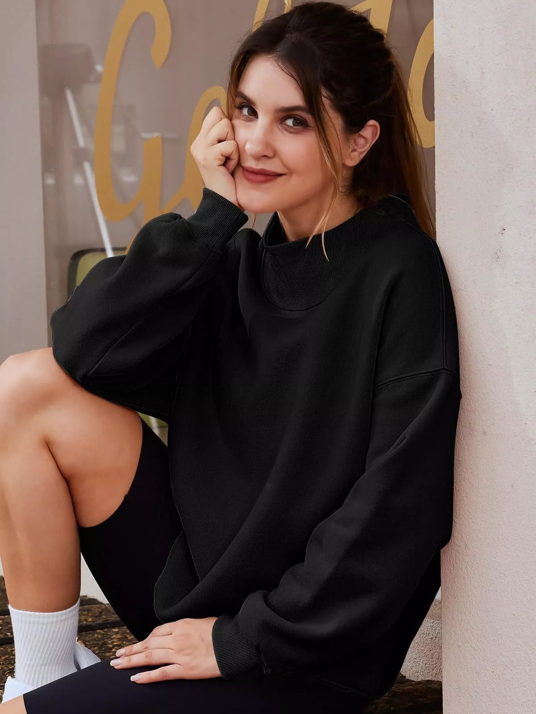Mock neck dropped shoulder fleece sweatshirt