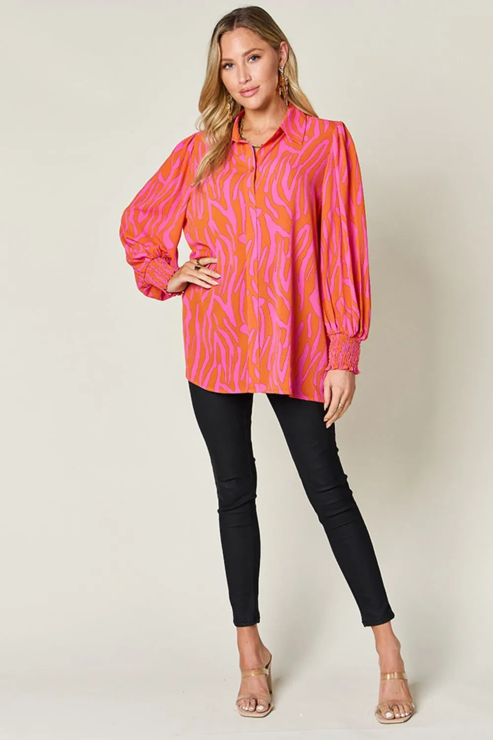 Zebra print smocked-cuff long sleeve blouse