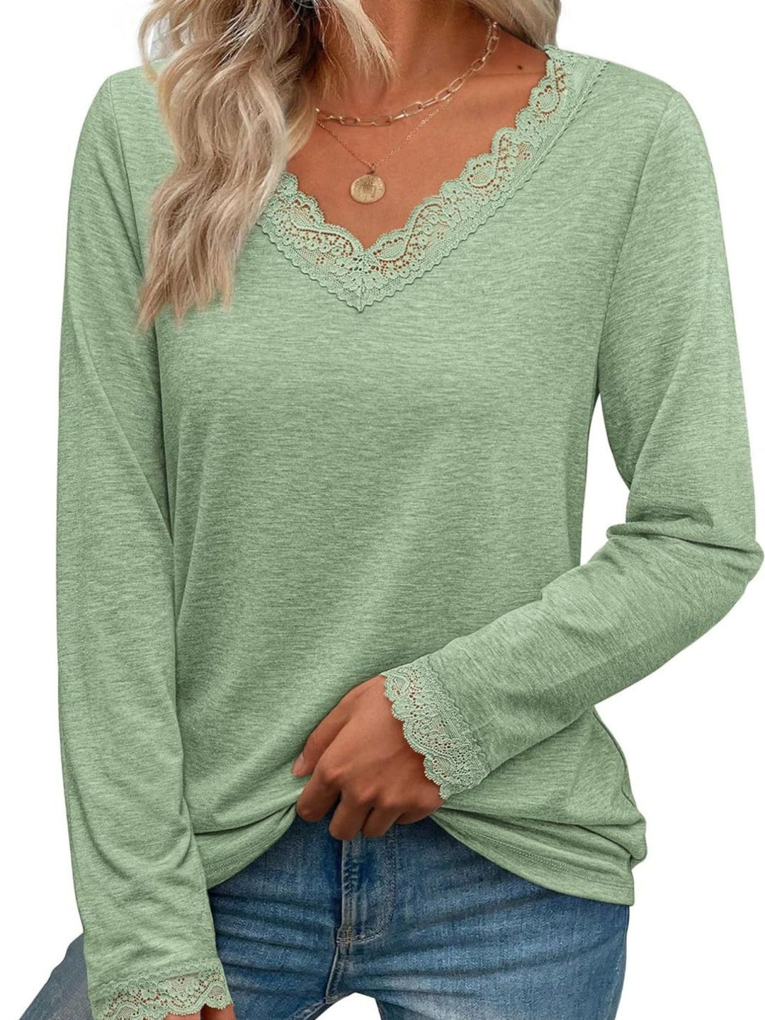 Gum Leaf Lace trim V-neck long sleeve top with lace cuffs
