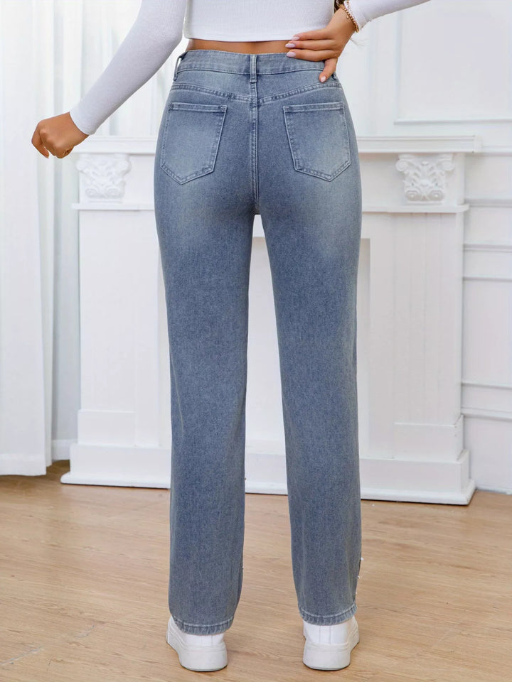 Pearl embellished high-rise straight leg jeans