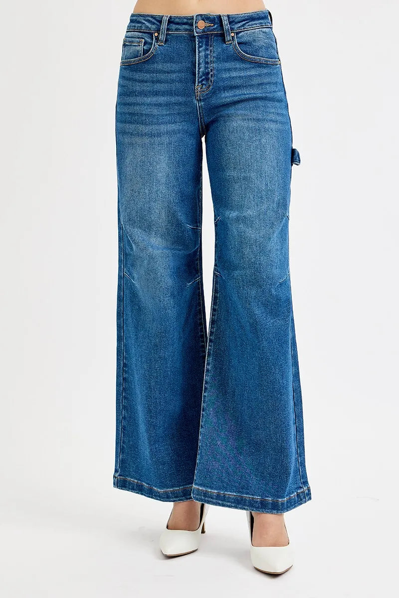 High-rise wide leg carpenter jeans with patch detail
