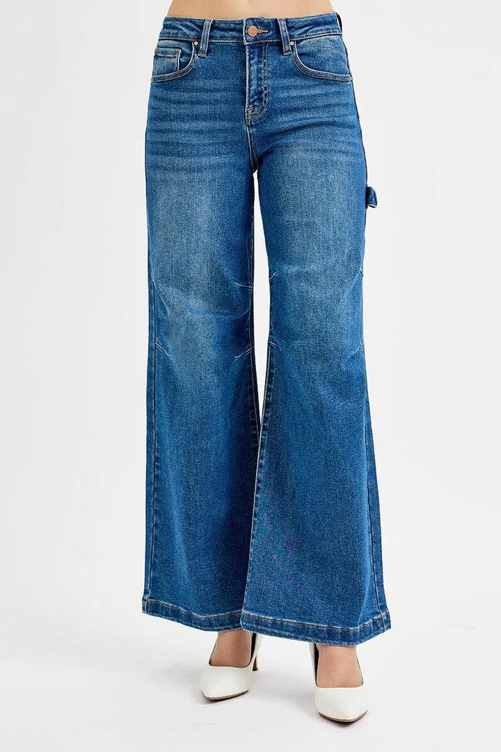 High-rise wide leg carpenter jeans with patch detail