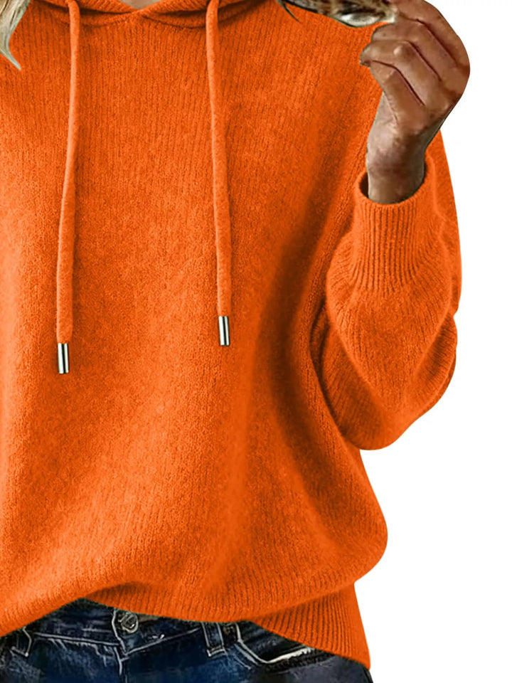 Drawstring hooded knit sweater with ribbed cuffs