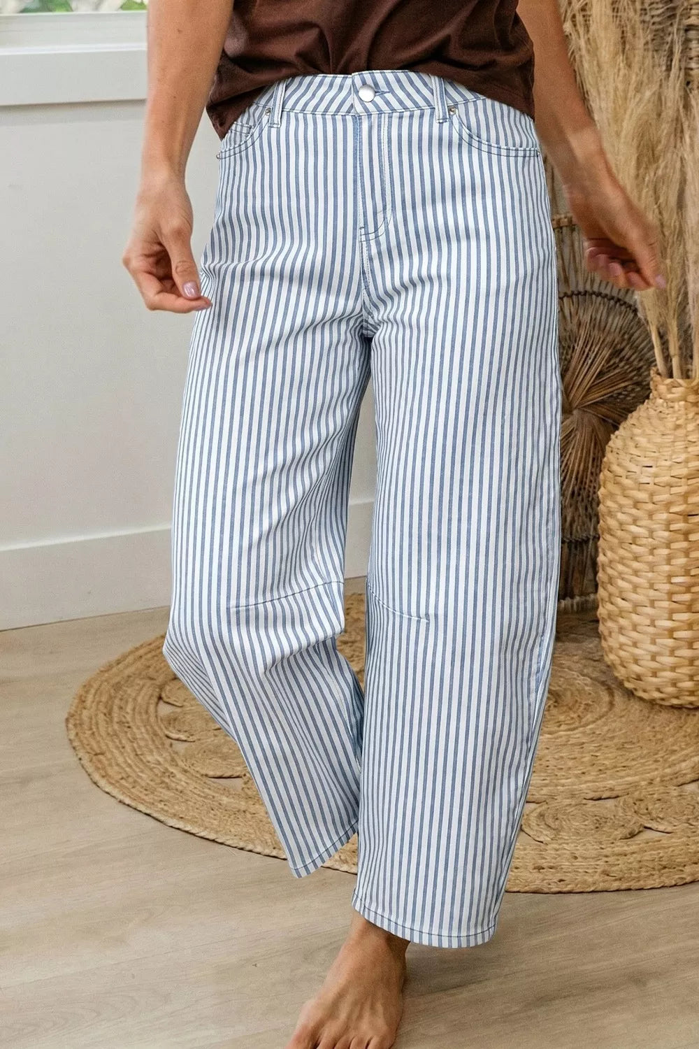 Striped high-rise barrel leg cropped jeans