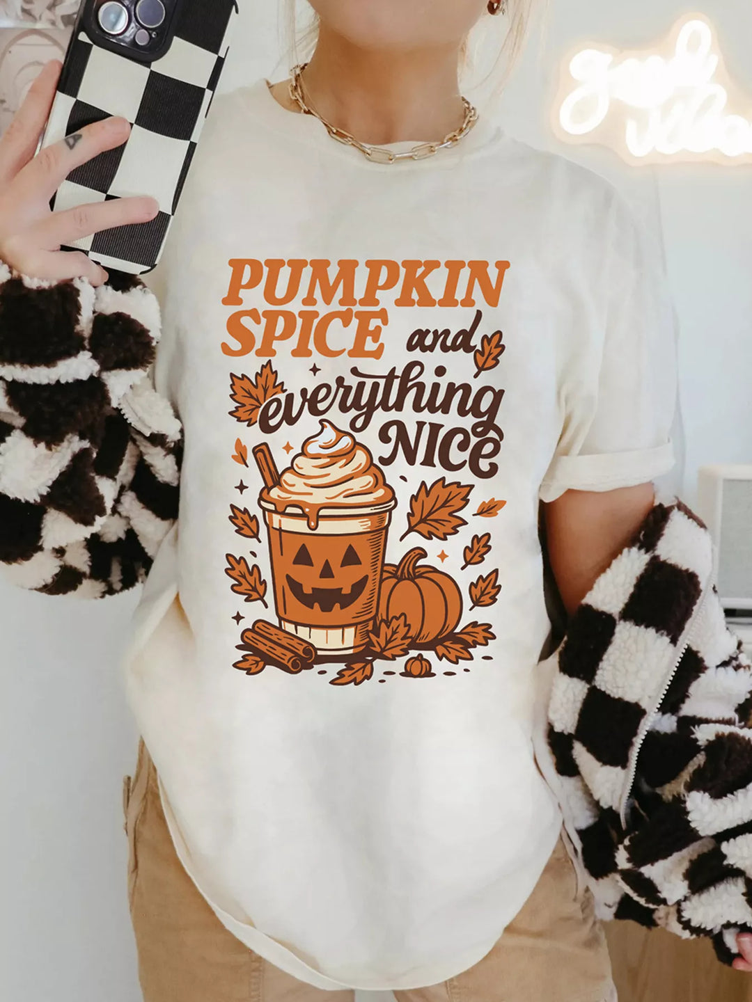 Pumpkin spice graphic short sleeve crew neck tee