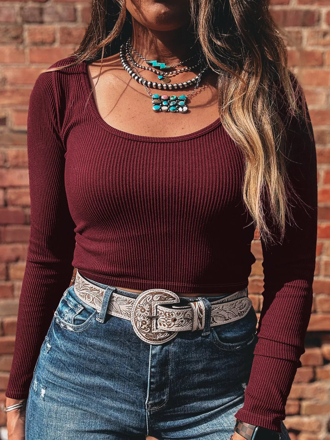 Ribbed knit scoop neck long sleeve fitted top