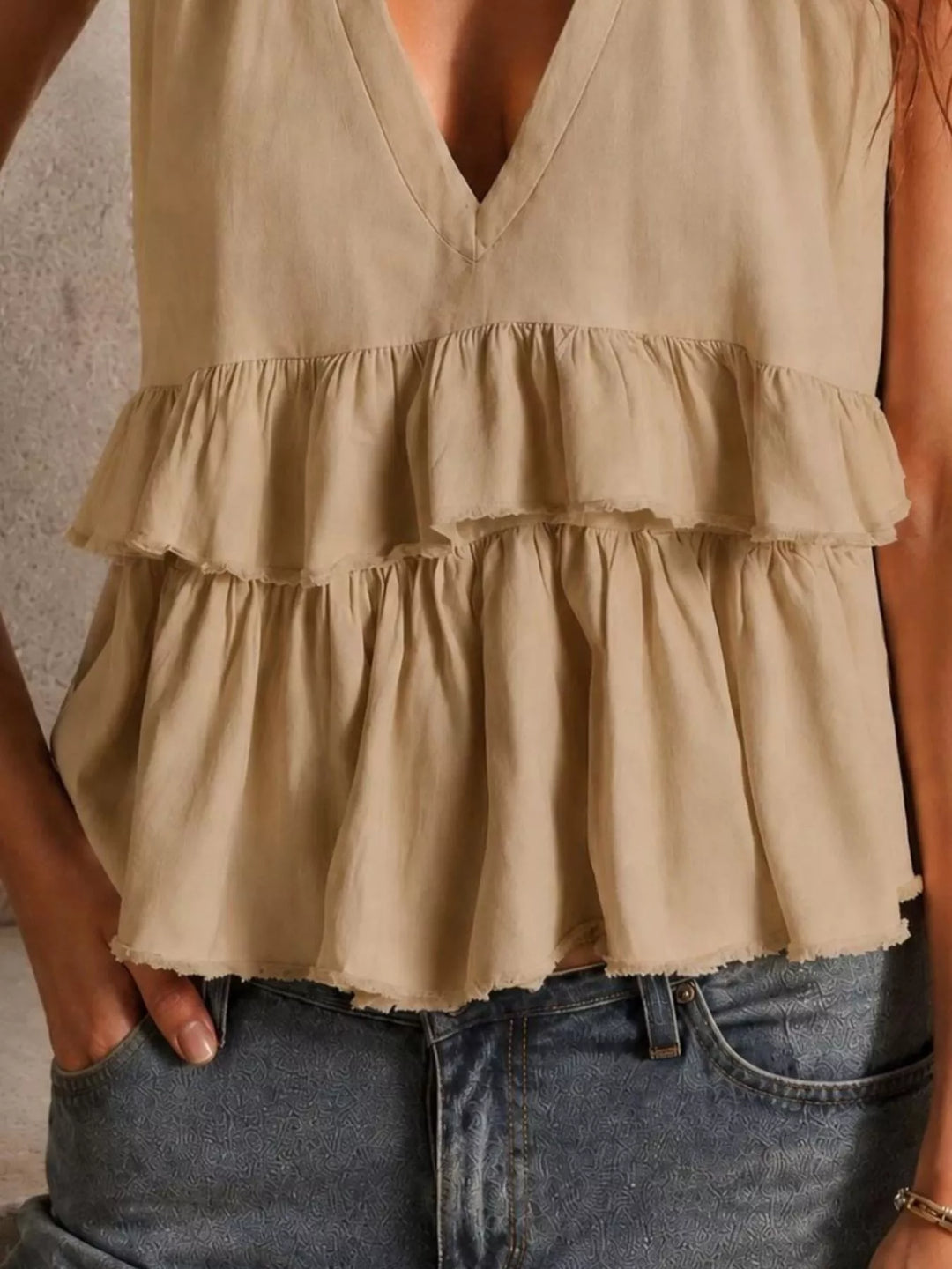 Double-tier ruffle v-neck sleeveless top