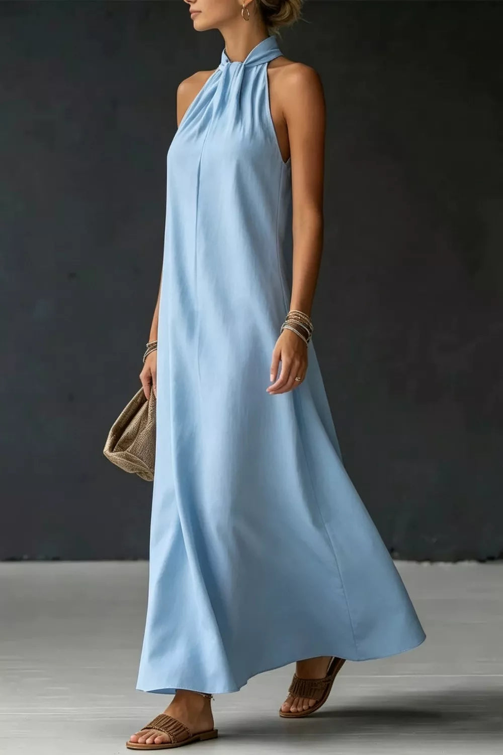 Halter neck sleeveless cotton maxi dress with slit