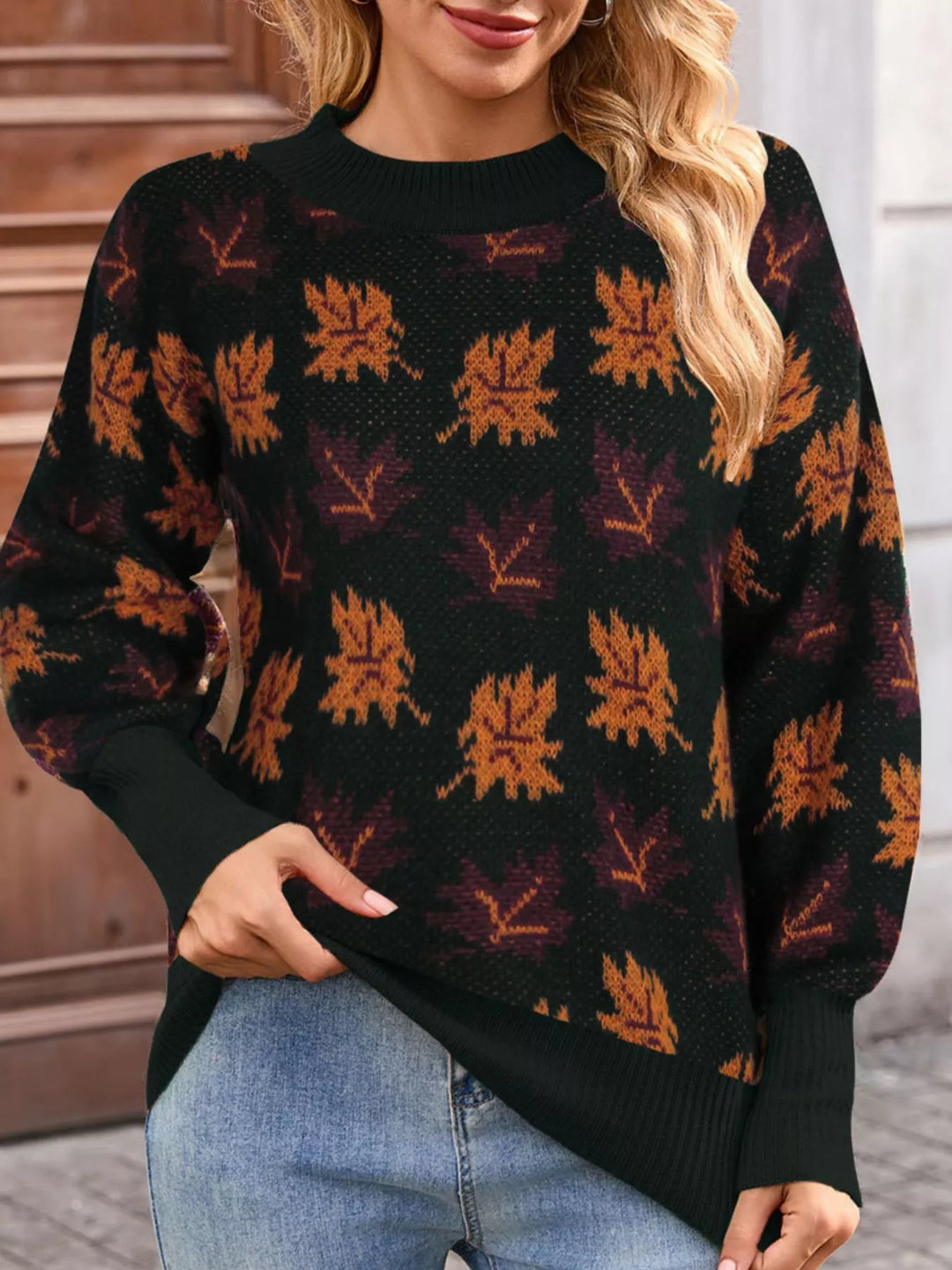 Black Maple leaf jacquard knit mock neck sweater