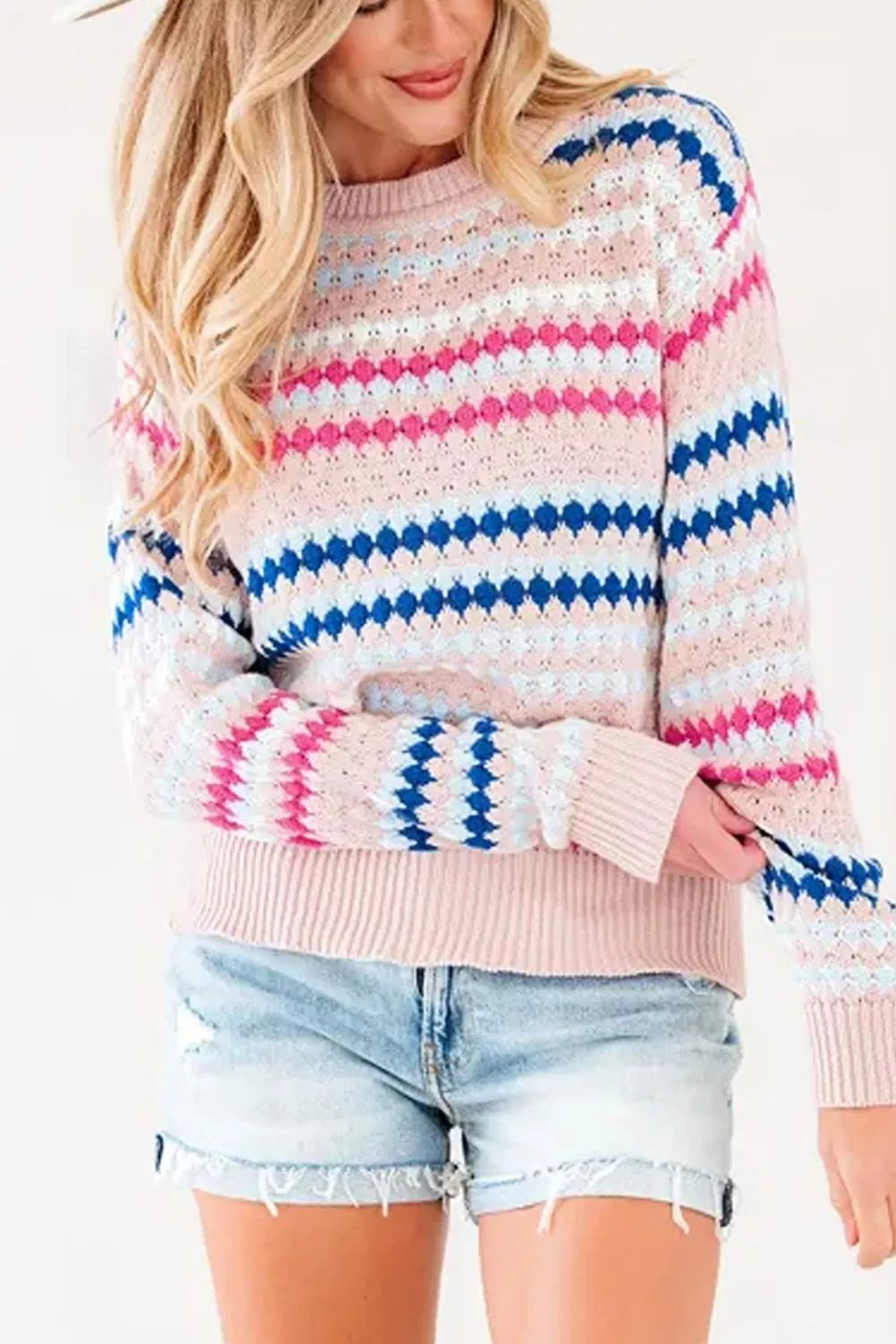 Striped pointelle knit crewneck sweater with drop shoulders