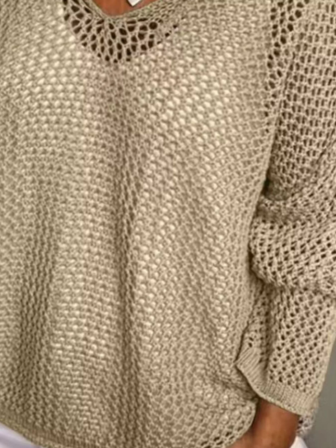 Openwork knit hooded pullover cover-up with V-neck