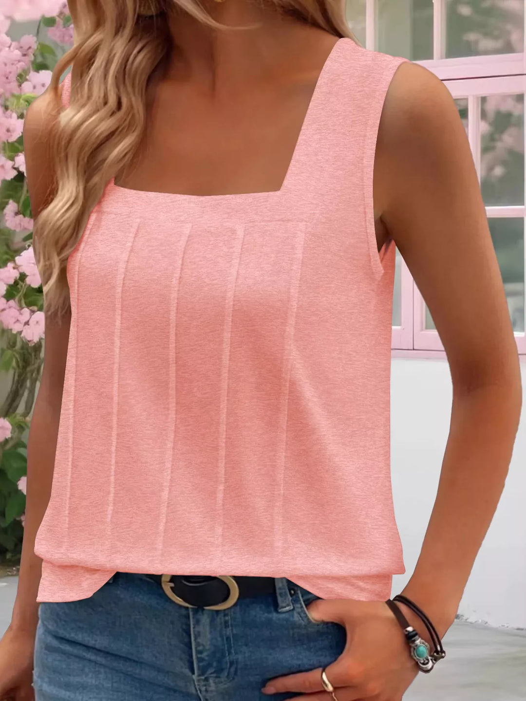 Pink Square neck pleated tank top with vertical pintuck detail