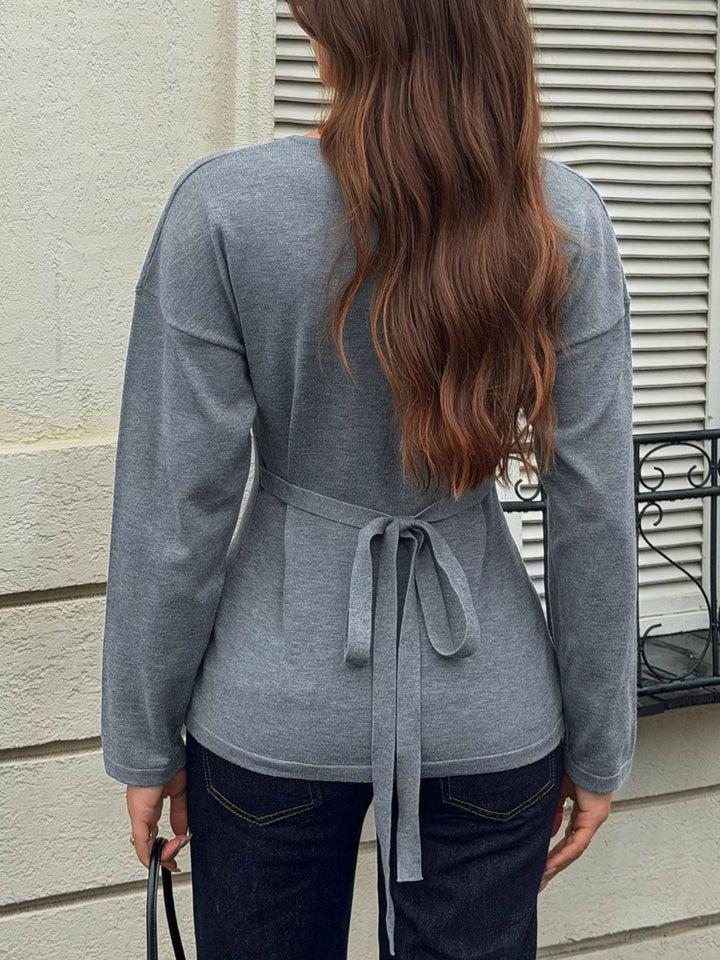 Button-front dropped shoulder knit cardigan with crew neck