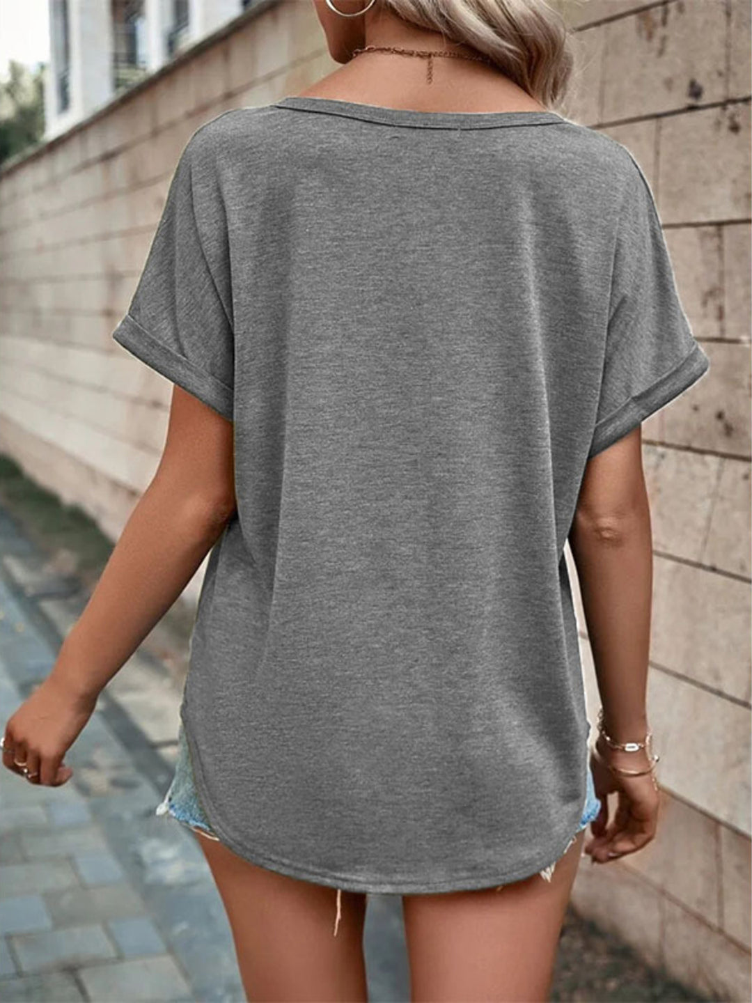 Decorative button-front notch neck short sleeve tee