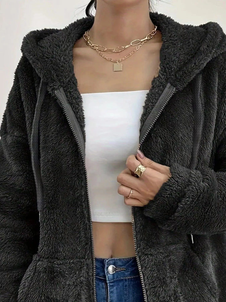 Fuzzy fleece hooded zip-up jacket with front pockets