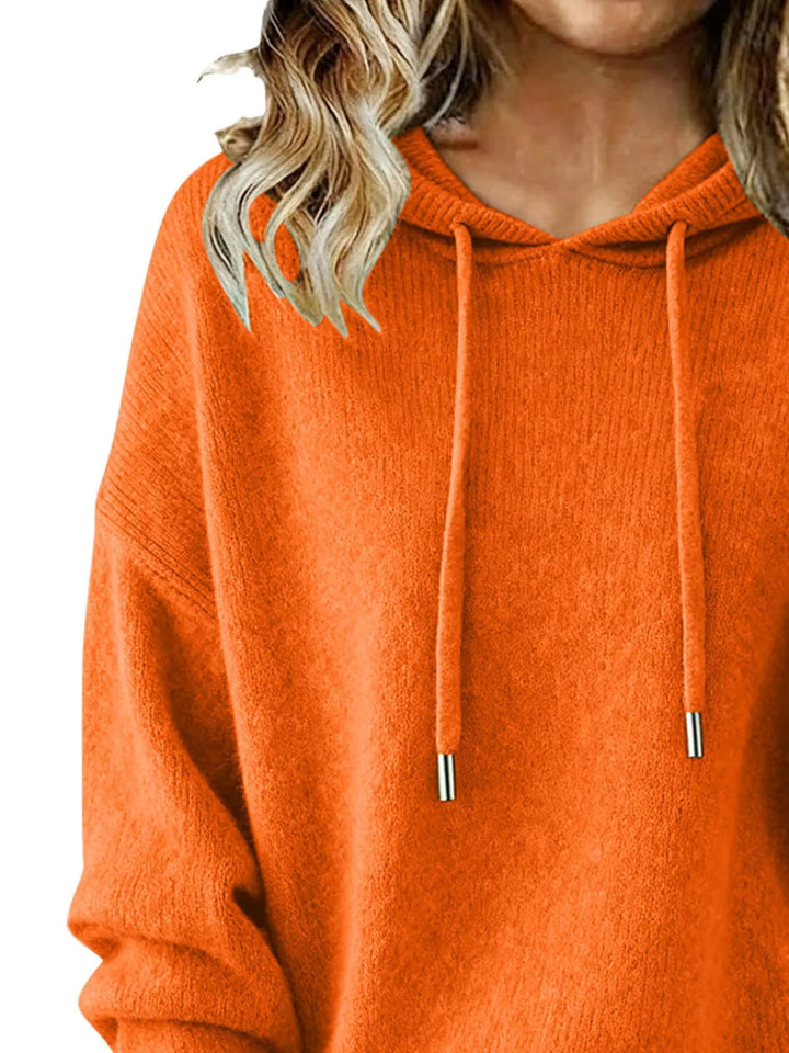 Drawstring hooded knit sweater with ribbed cuffs