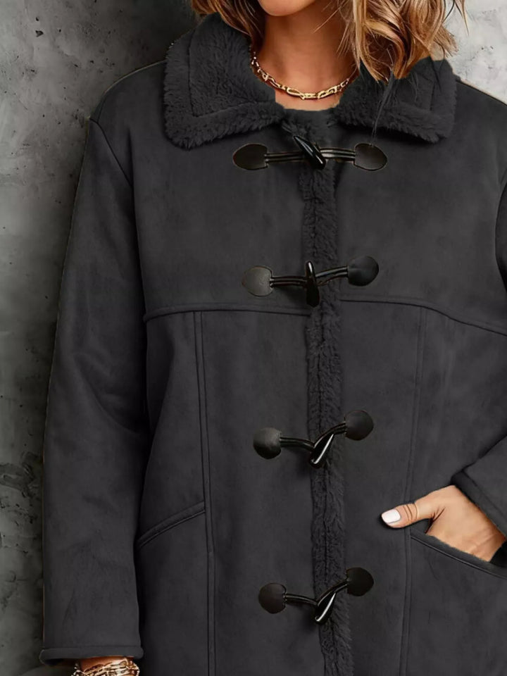 Faux suede sherpa-lined coat with toggle closures