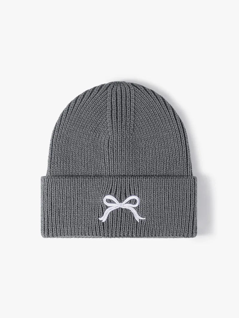 Gray Embroidered bow ribbed knit cuffed beanie hat