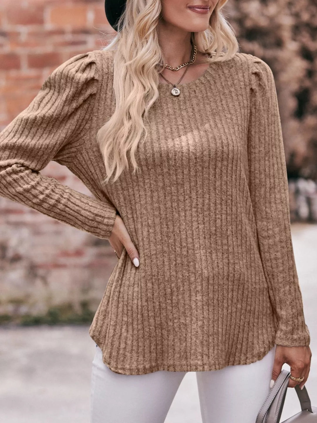 Camel Ribbed knit long sleeve top with puff shoulders