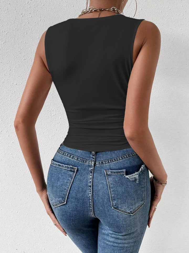 Cowl neck sleeveless ruched tank top