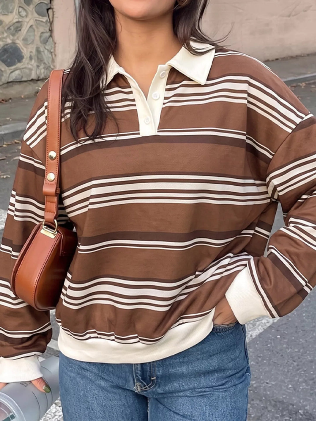 Striped drop shoulder polo sweatshirt with button placket